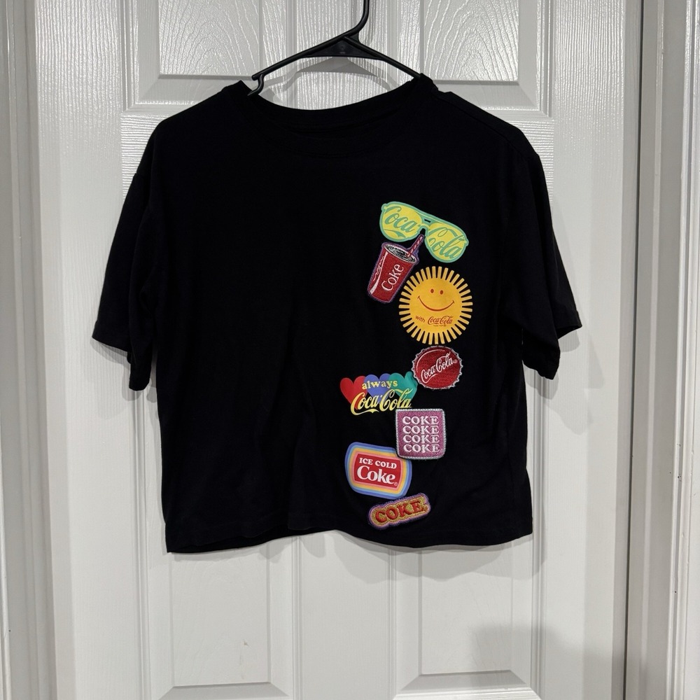 Coca Cola Women Top 3XL Black Shirt Logo Patch Short Sleeve Cropped Tee